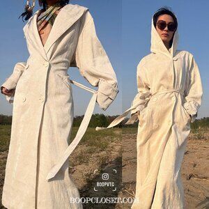 Ann Demeulemeester white silk linen oversize hooded trench coat gothic Large